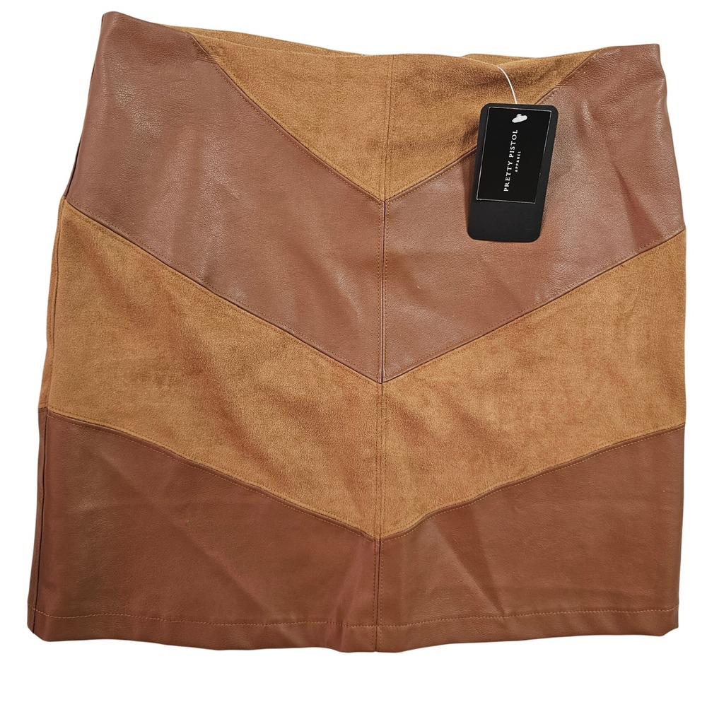 She + Sky Cognac Brown Faux Leather Suede Chevron Patchwork Mini Skirt Medium